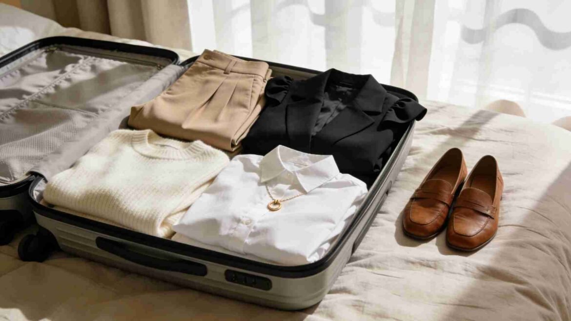 Capsule wardrobe mistakes illustrated through a women’s travel suitcase packed with neutral capsule clothing, blazer, knit sweater and minimalist flats in soft morning light.