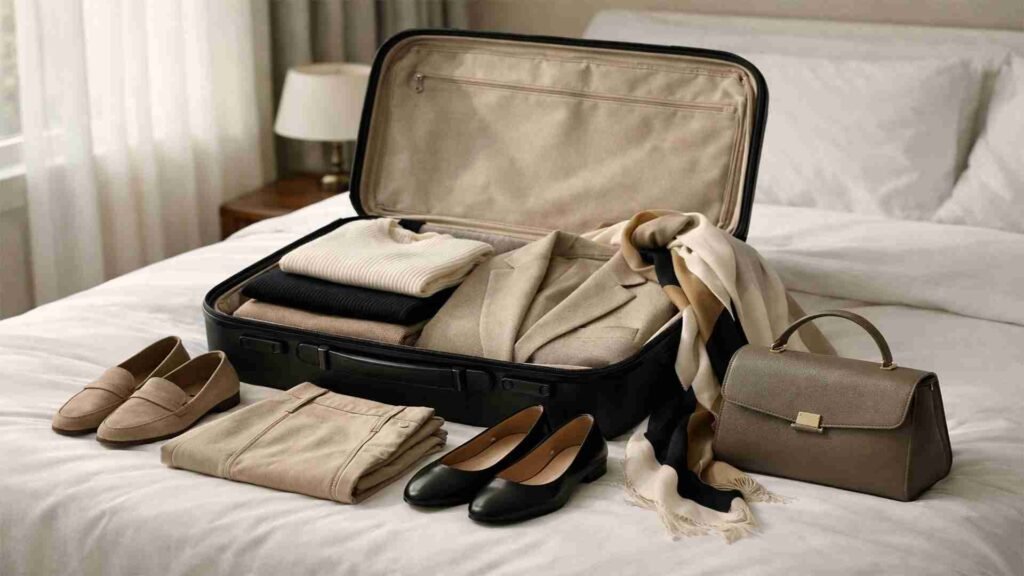 Open suitcase with neatly arranged timeless travel outfits and shoes for capsule wardrobe packing