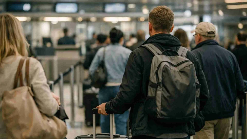 Passengers waiting in line at passport control at Charles de Gaulle Airport during busy departure hours