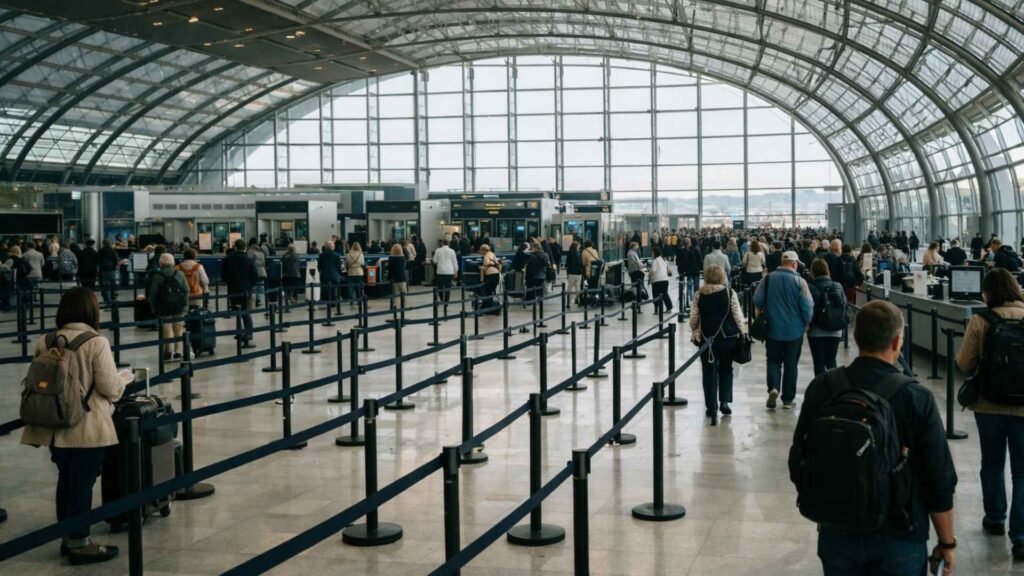 Passengers waiting in security and immigration queues inside CDG Terminal 2E at Paris Airport