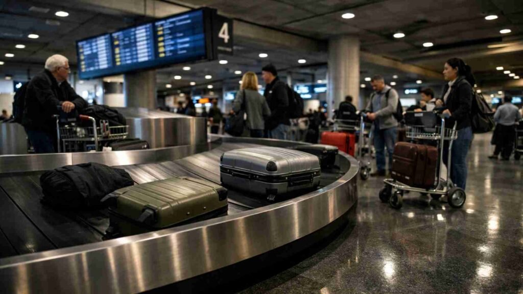 Travelers waiting at baggage claim carousel at Charles de Gaulle Airport in Paris