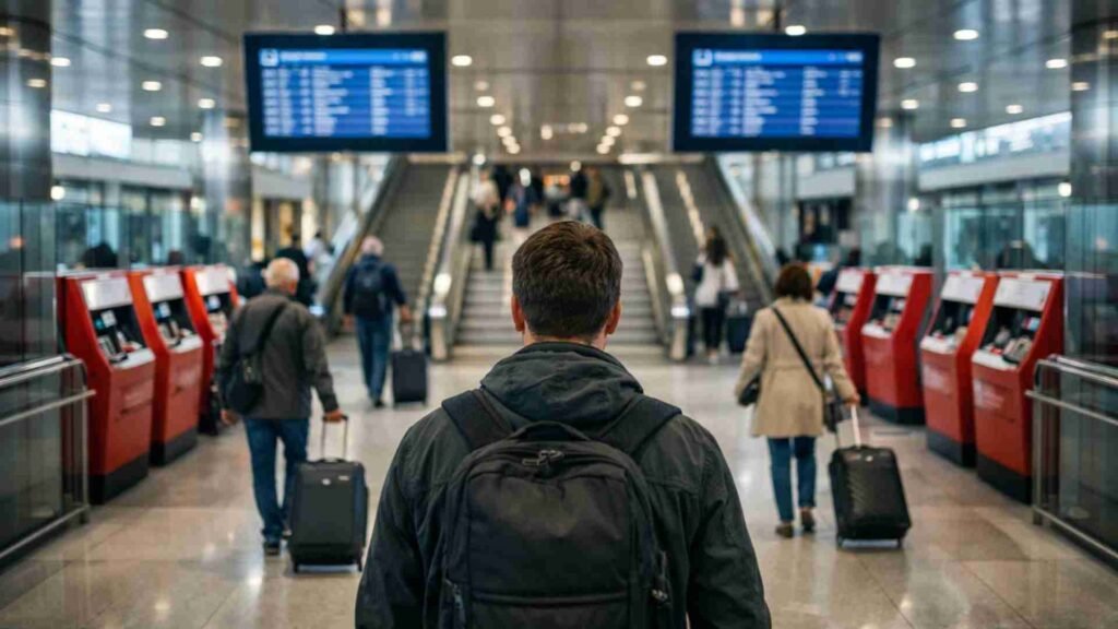Travelers using digital ticket machines at Charles de Gaulle Airport train station in Paris