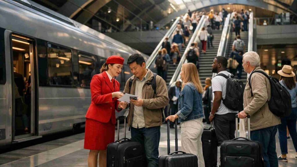 Passengers boarding airport train at Charles de Gaulle Airport platform for transfer to Paris city center