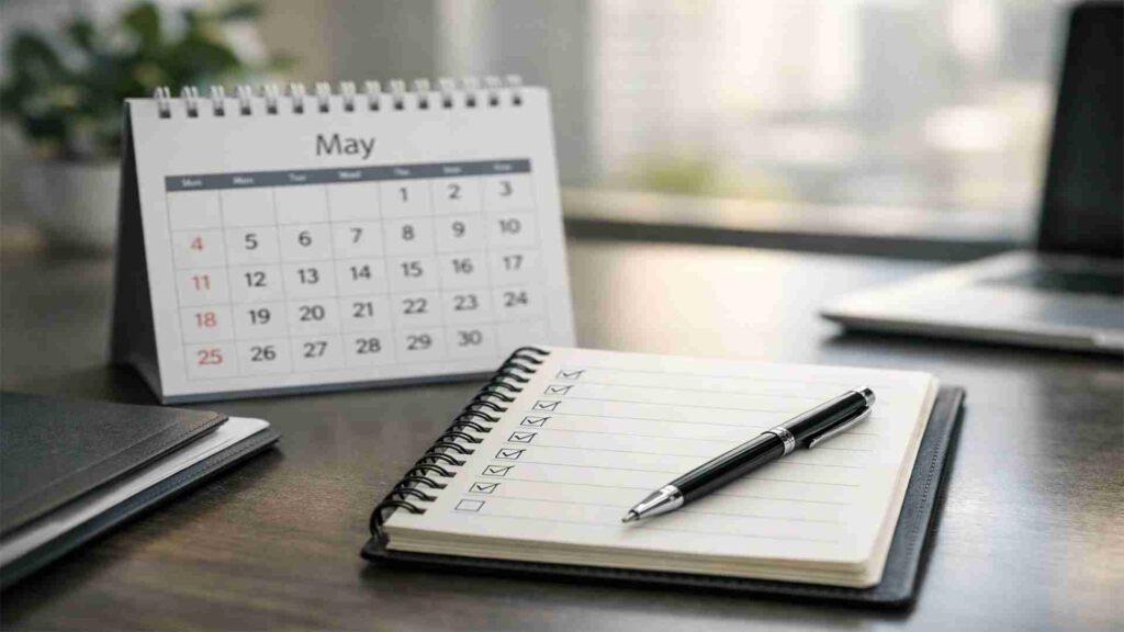 Desk calendar showing May with checklist notebook and pen on office desk.
