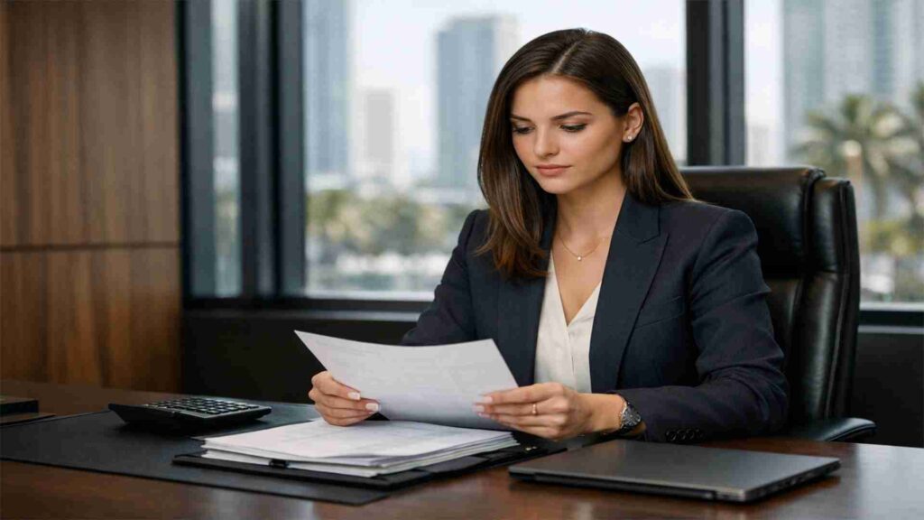 Female professional reviewing financial documents with calculator in a modern office.