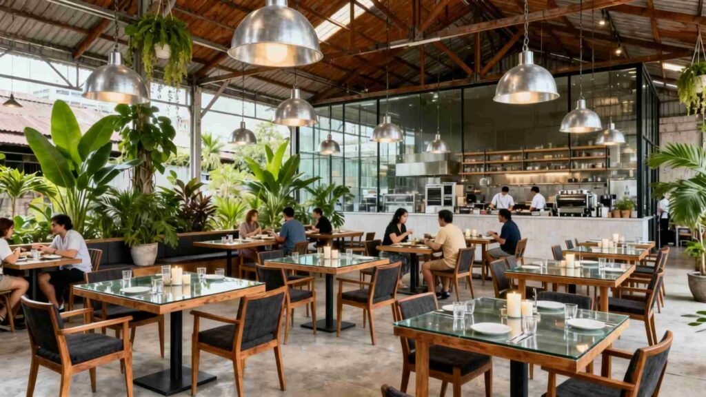 Industrial tropical brunch restaurant in Bangkok with wooden tables, hanging metal lights, lush greenery, and a relaxed dining atmosphere