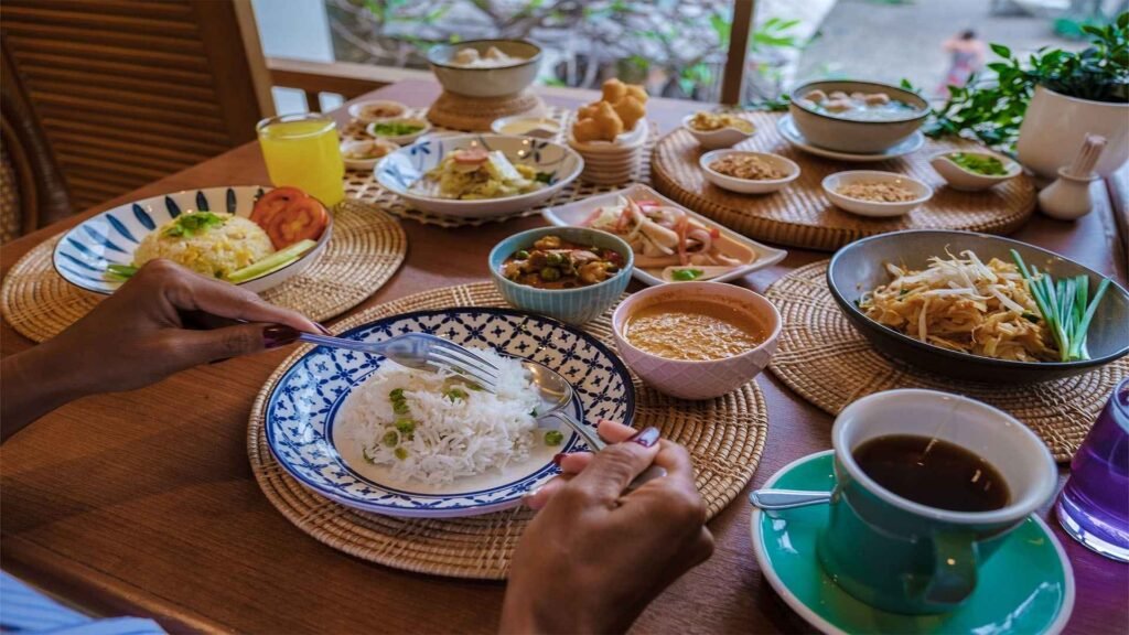 Luxury Asian breakfast in Bangkok with elegant presentation, premium dishes, and a calm morning atmosphere