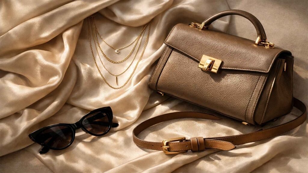 Luxury minimalist women’s capsule wardrobe travel accessories including structured leather handbag, layered gold necklaces, silk scarf, leather belt and sunglasses arranged on champagne silk fabric.