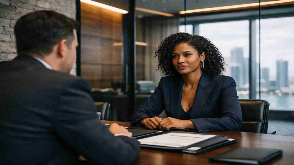 Female entrepreneur meeting with banker in a modern glass office in Miami’s financial district.