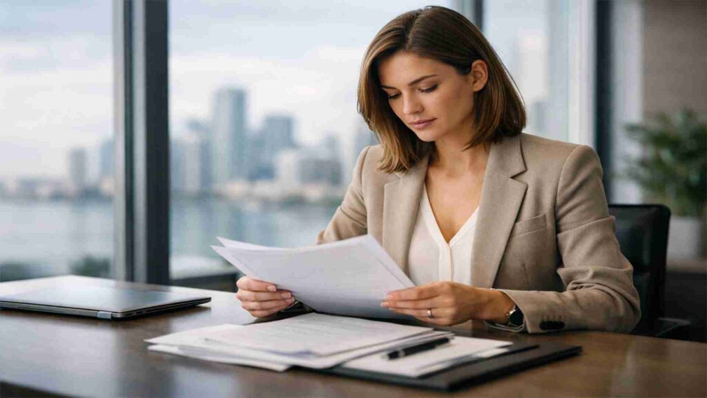 Female entrepreneur reviewing incorporation documents in a modern Miami office with skyline view.