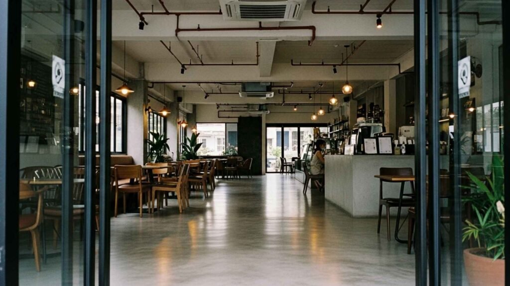 Minimalist café interior in Bangkok with polished concrete floors, warm lighting, and a calm slow morning atmosphere