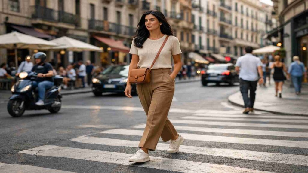 Woman crossing a European city street wearing a relaxed timeless travel outfit ideal for morning walks