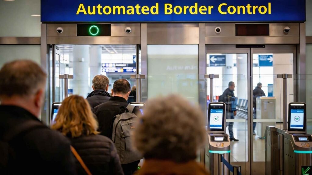 PARAFE automated border control gates at Paris Airport CDG with travelers using biometric e-gates