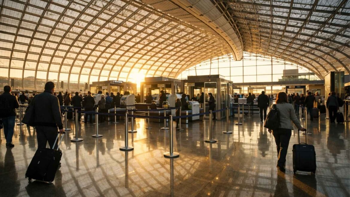 Paris Airport Fast Track security area at Charles de Gaulle Airport (CDG) during peak morning departure hours