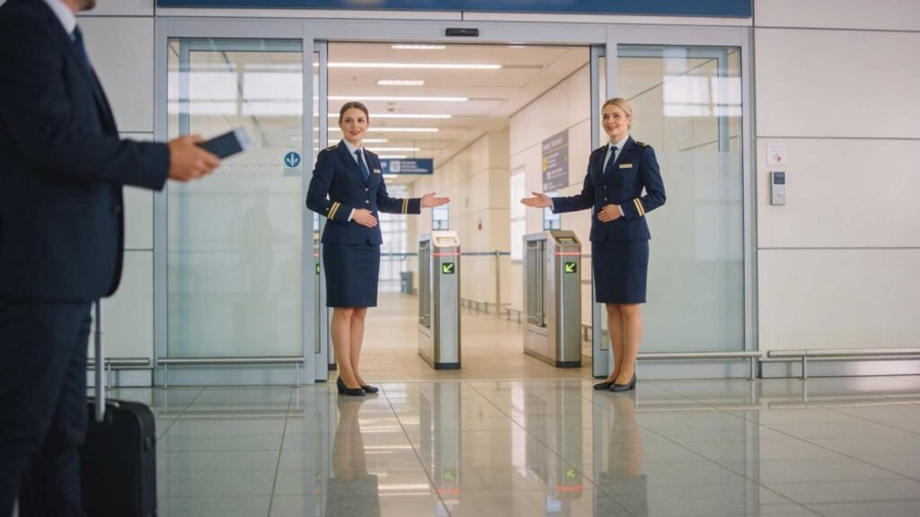 Airport staff welcoming passengers at a VIP meet and assist entrance at Paris Airport
