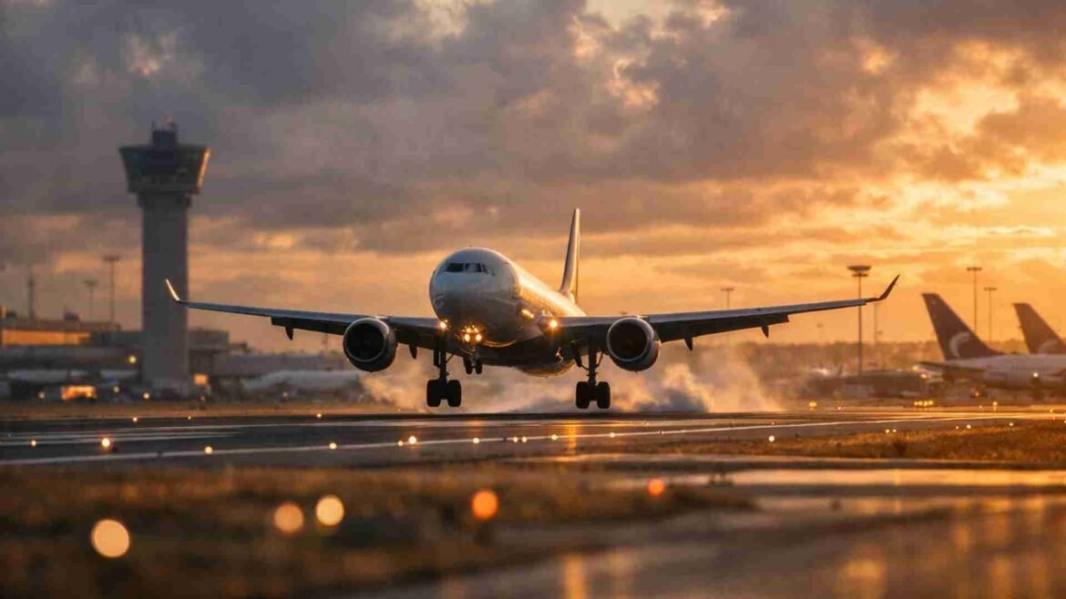 Charles de Gaulle Airport - Airplane touching down on runway at Paris international airport during sunset