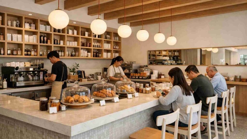 Slow breakfast café in Bangkok with bar seating, fresh pastries under glass domes, and customers enjoying a calm morning