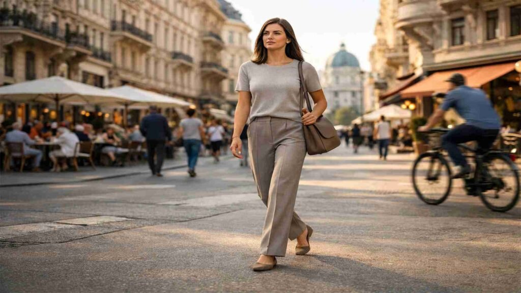 Woman walking through a European city center wearing a neutral timeless travel outfit with relaxed trousers