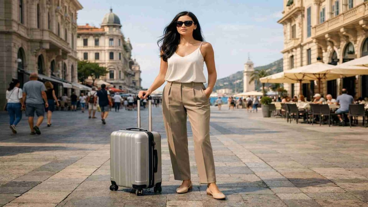 Timeless Travel Outfits - Woman wearing a timeless travel outfit with sunglasses and a rolling suitcase in a European city