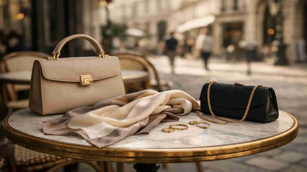 Timeless travel accessories displayed on a European café table including handbags, scarf, and jewelry