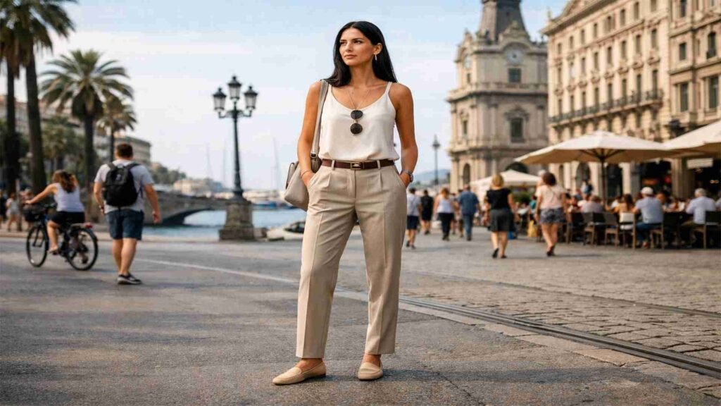 Woman standing in a European coastal city wearing a versatile timeless travel outfit suitable for multiple destinations