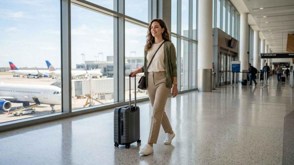 travel capsule wardrobe outfits airport arrival style with neutral trousers white sneakers and carry on suitcase
