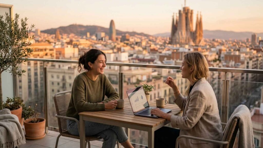 Barcelona business lifestyle with two professional women discussing ideas over coffee on a balcony overlooking the city skyline at sunrise