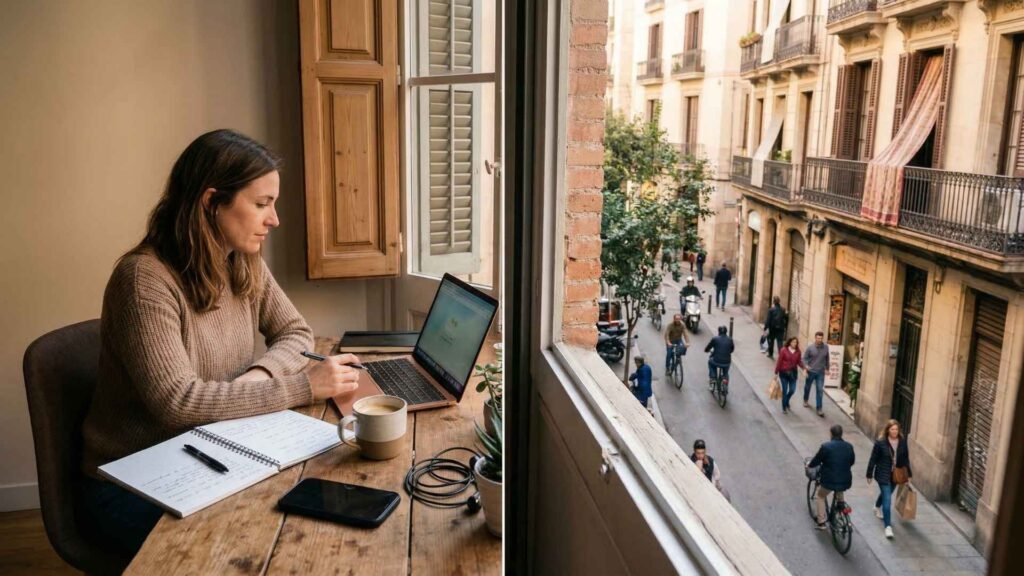 Hybrid work lifestyle in Barcelona with remote workspace inside and city street view outside window