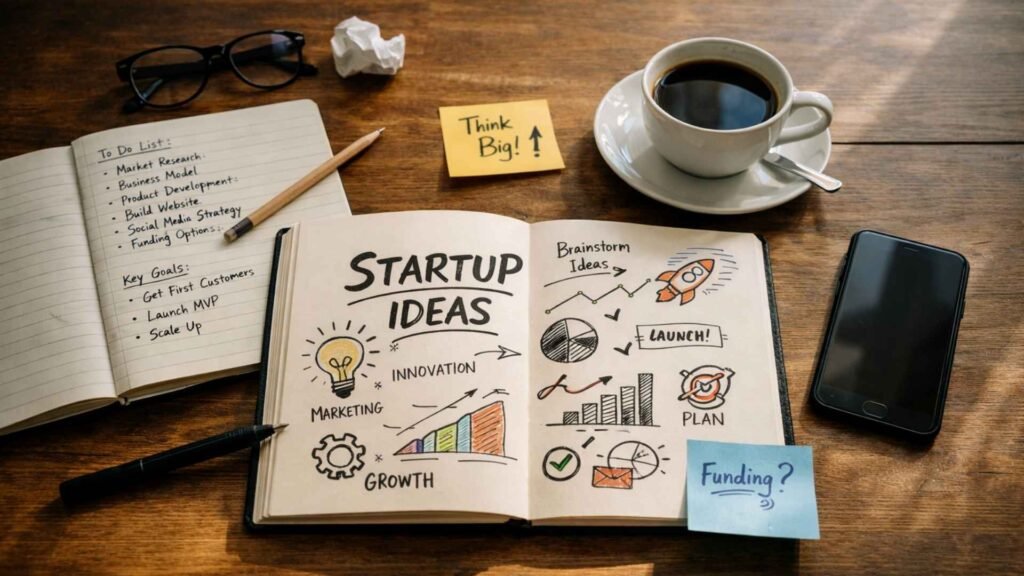 Starting a business in Barcelona concept showing startup ideas, business planning, innovation and growth strategy in a creative notebook