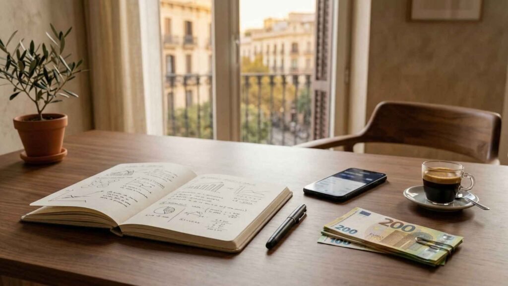 Beckham Law tax strategy in Spain with financial notes, euro cash, coffee, and Barcelona workspace setting