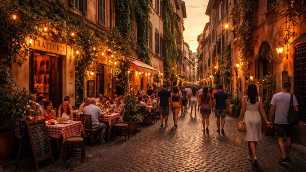 Best areas for street food in Rome with lively Trastevere street restaurants and people dining outdoors