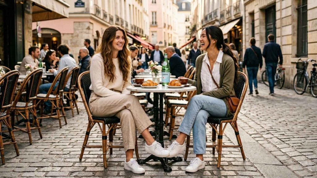 travel capsule wardrobe outfits cafe morning style with linen trousers knit sweater and white sneakers