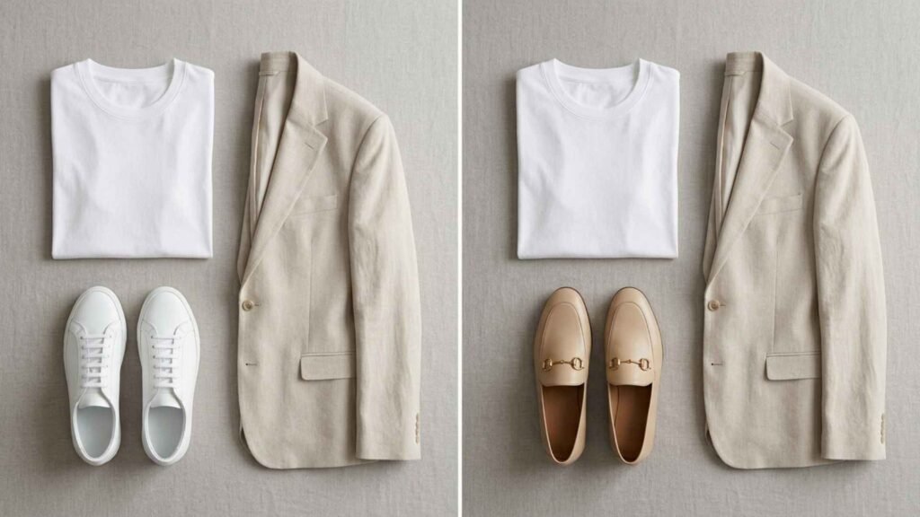 Capsule wardrobe outfit combinations showing neutral pieces like t-shirt, blazer, sneakers and loafers arranged for mix and match styling
