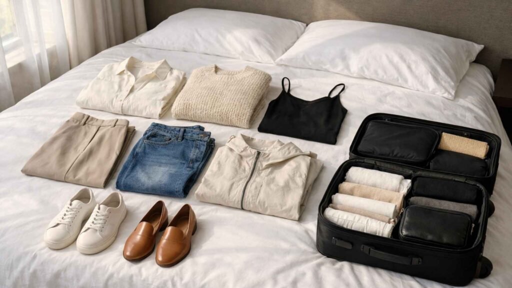 travel capsule wardrobe outfits packing layout with minimalist clothing pieces and suitcase