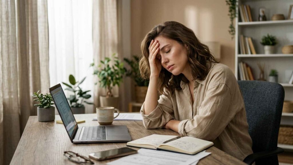 woman feeling stressed and tired working at desk chronic stress cortisol imbalance fatigue