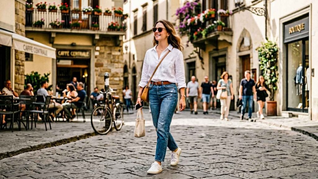 travel capsule wardrobe outfits city walking style with high waisted jeans white shirt and sneakers