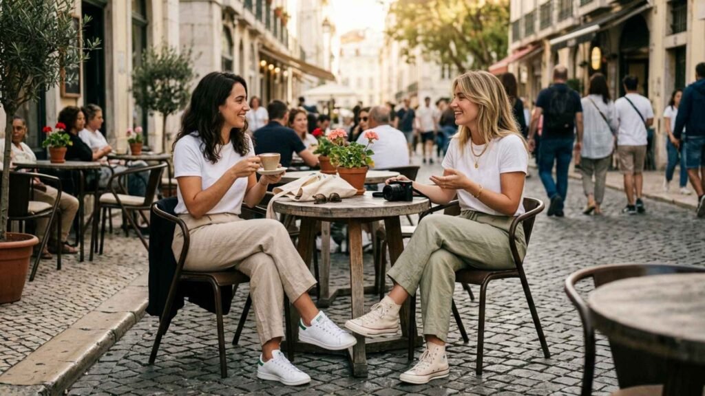 Two women sitting at an outdoor café wearing capsule wardrobe outfits with t-shirt, trousers, and sneakers in a relaxed travel setting