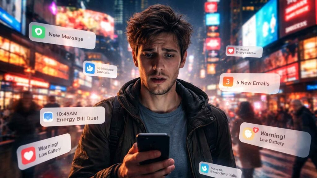 person overwhelmed by smartphone notifications digital overload mental fatigue why am i always tired