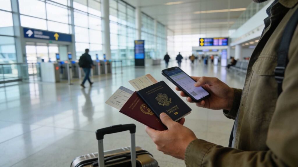 Traveler holding two passports and checking travel details on smartphone at an airport terminal.