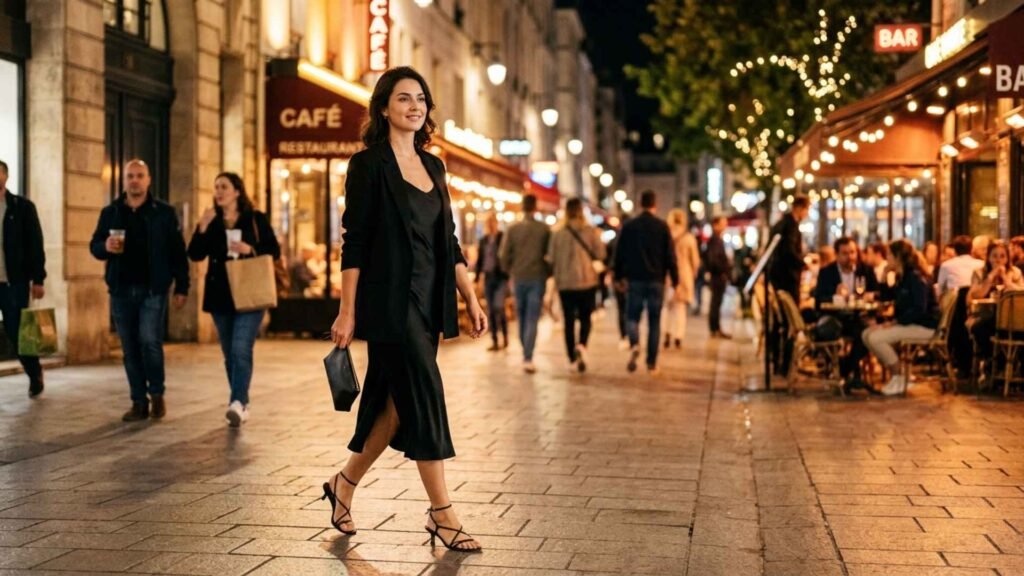 Woman walking in a city at night wearing a capsule wardrobe outfit with black dress, blazer and sandals in an elegant evening setting