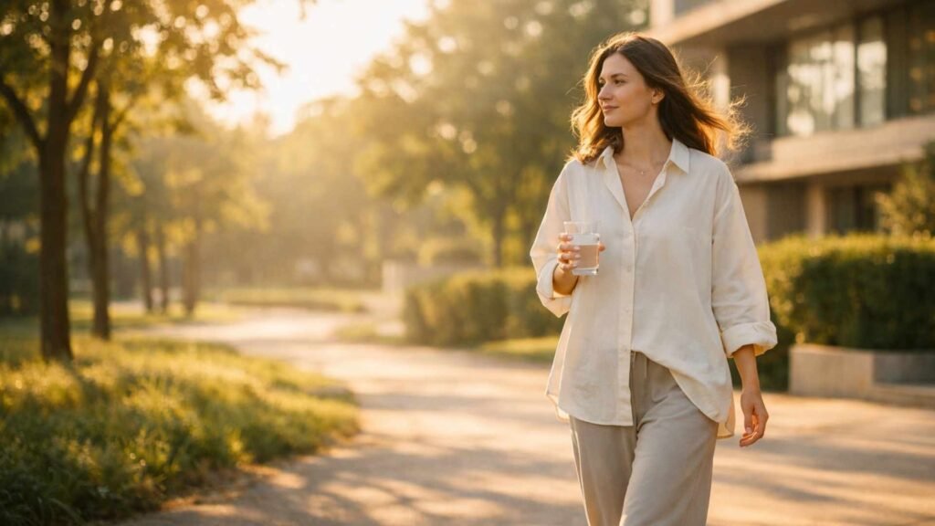 woman walking outdoors drinking water energy reset system sunlight movement hydration