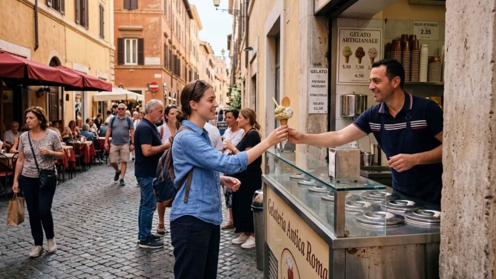 Gelato Rome street gelateria scene with cone being served to a woman in a lively Italian street