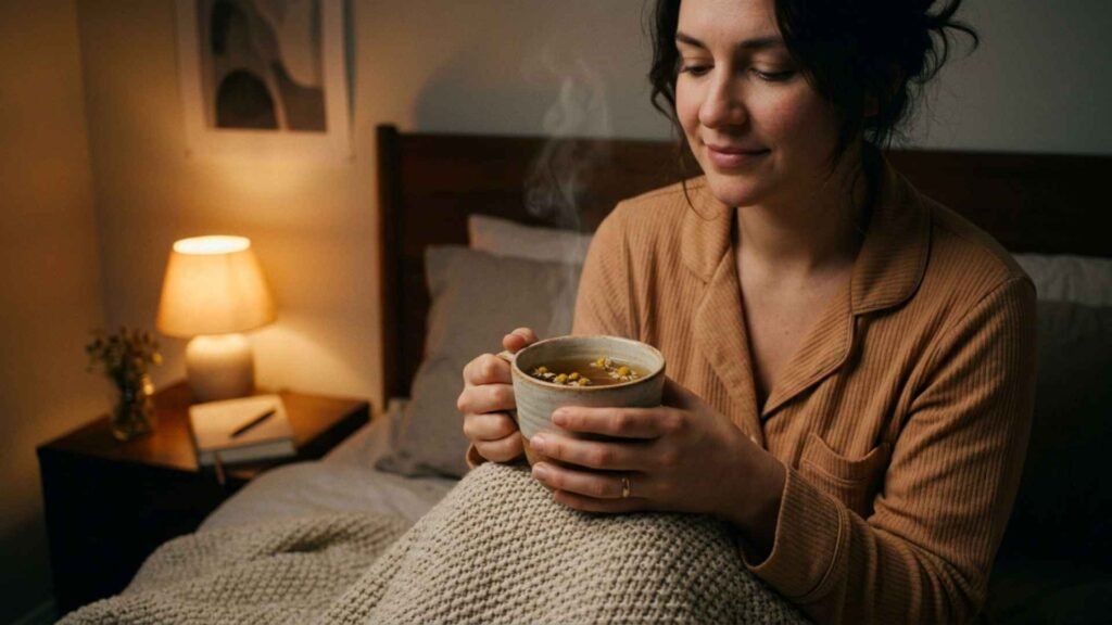 night routine for deep sleep chamomile tea calming evening