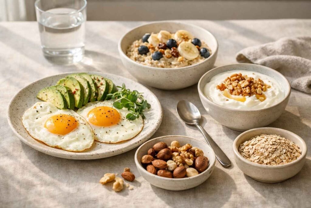 high protein breakfast with eggs, oats, yogurt and nuts for morning energy