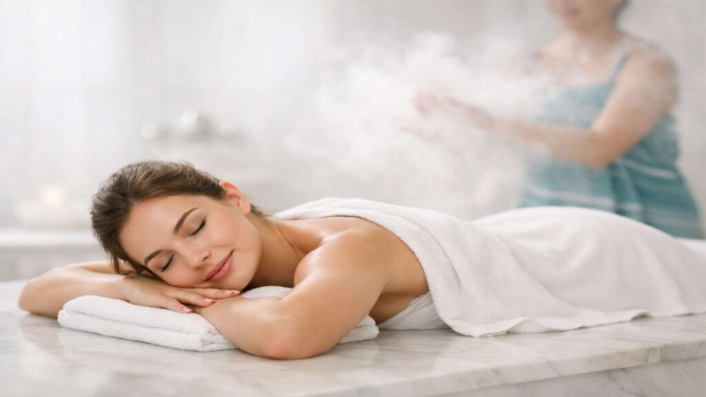 Hürrem Sultan Hamam ritual experience in Istanbul with a guest relaxing on marble platform during traditional Turkish bath treatment