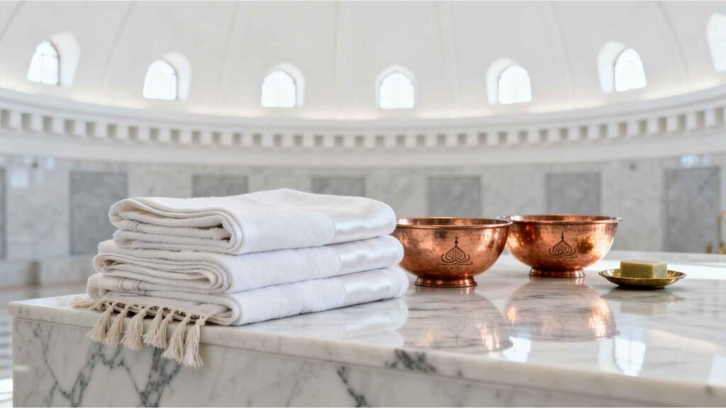 Hürrem Sultan Hamam ritual packages preparation with folded pestemal and copper bowls in Istanbul