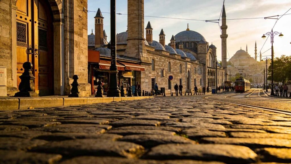 Hürrem Sultan Hamam location in Sultanahmet with T1 tram line and historic Istanbul architecture at sunset