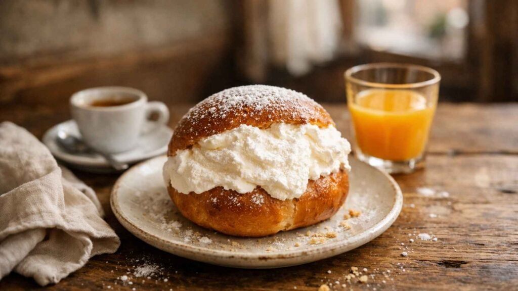 Maritozzo Rome Italian breakfast with whipped cream brioche served with espresso and orange juice