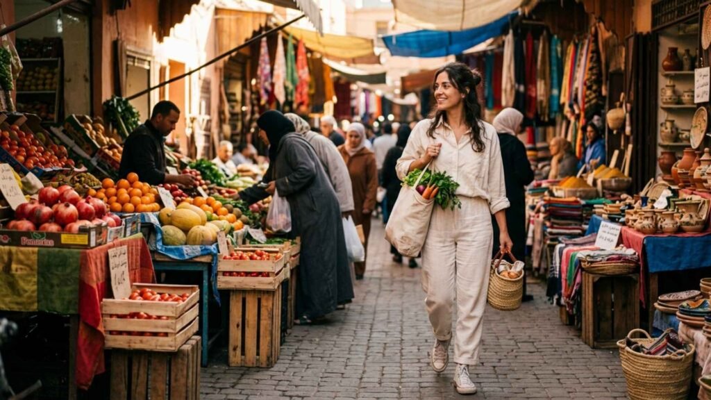 travel capsule wardrobe outfits market neighborhood style with linen outfit tote bag and white sneakers