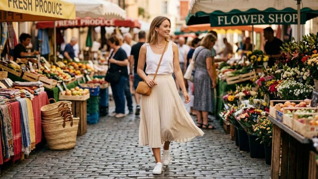 Woman walking through a local market wearing a capsule wardrobe outfit with tank top, skirt and sneakers in a relaxed travel setting